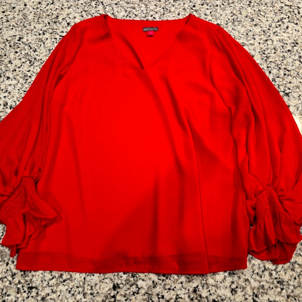 Red long Sleeve Vince Camuto, two layer sheer dressy shirt.
